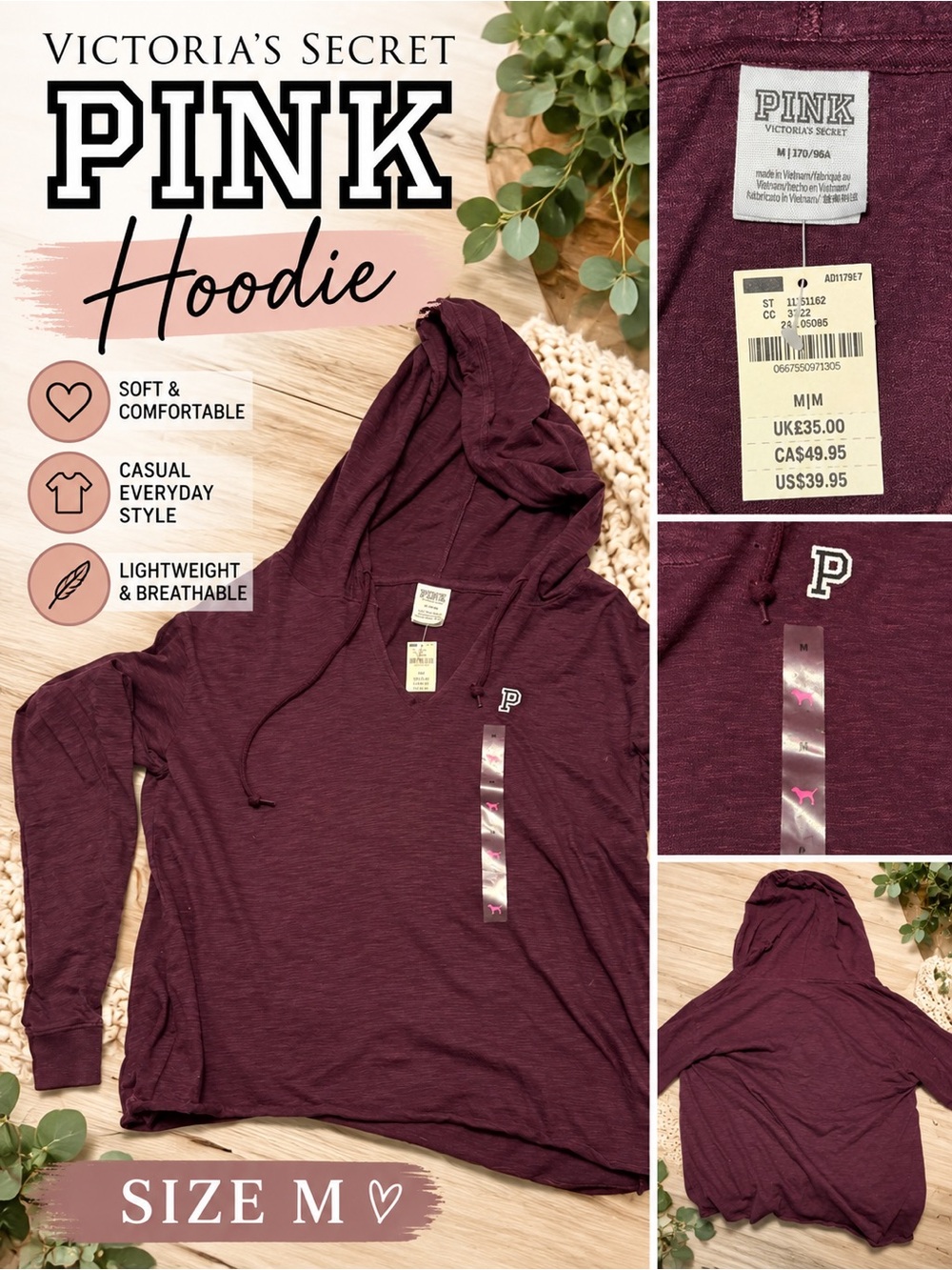Victoria’s Secret PINK Maroon V-Neck Hoodie Pullover Size M NWT